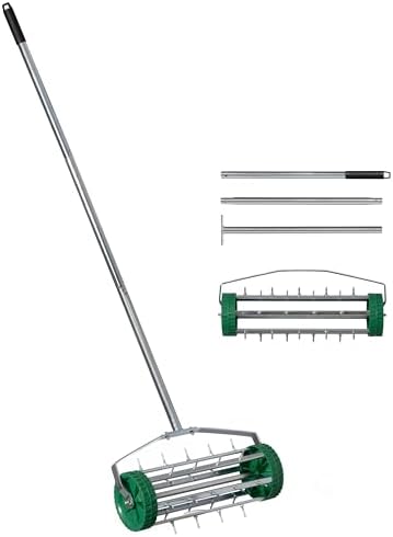 Qi004663 Holdbar rullende spiker gresslufter med robust stålgrep og skarpe metalltagger for å fremme tykk, dyp og sunn gressvekst, grønn  |   Manuelle plenluftere Manuelle plenluftere Manuelle plenluftere