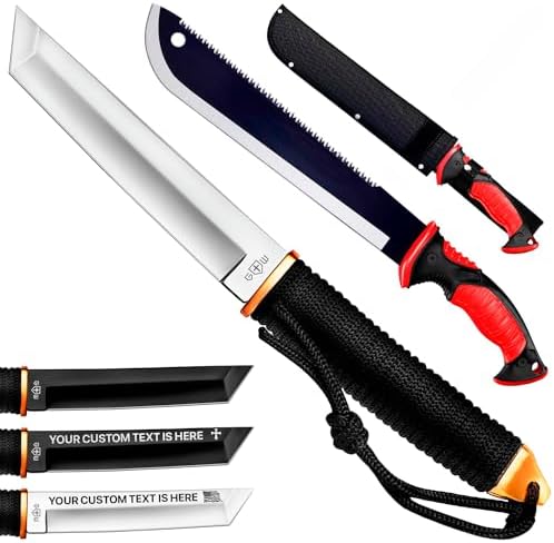 Tanto Campingkniv med Slire – 3+ Farger – 5,9″ Fast Full Tang Speilpolert Klinge – 11-Tommers Sagblad Machete med Nylon Slire – Sagblad Macheter med Rutsjebeskyttelse i Gummi  |   Hage-macheter Hage-macheter Hage-macheter